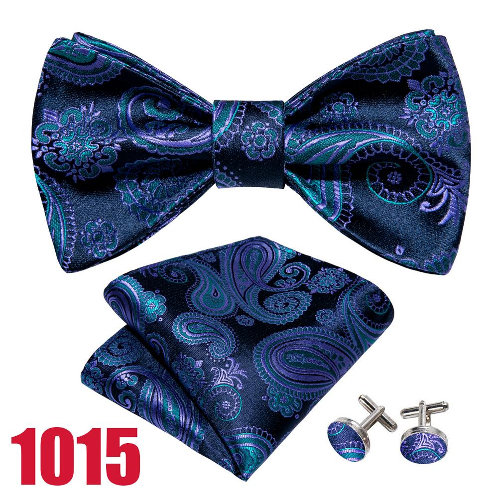 Barry.Wang Herren Fliege Einstecktuch Manschettenknöpfe Schwarz Gelb Elfenbein Schmetterling Fliege Set