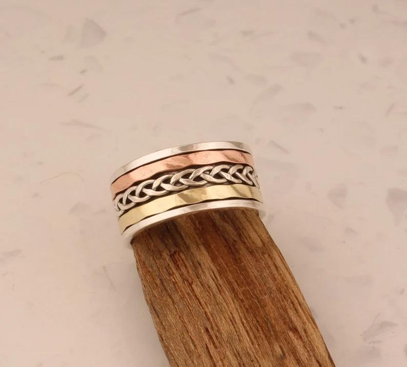 Solid 925 Sterling Silver Ring, Three Tone Spinner Band Ring, Dainty Ring, Spinner Ring, Party Ring, Men Women Ring