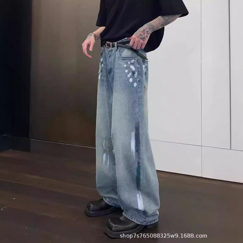 Mens Relaxed Fit Straight Leg Denim Pants With Hand-Painted Splatter Wash Distressed Rips Mid-Rise Cotton Blend All Season
