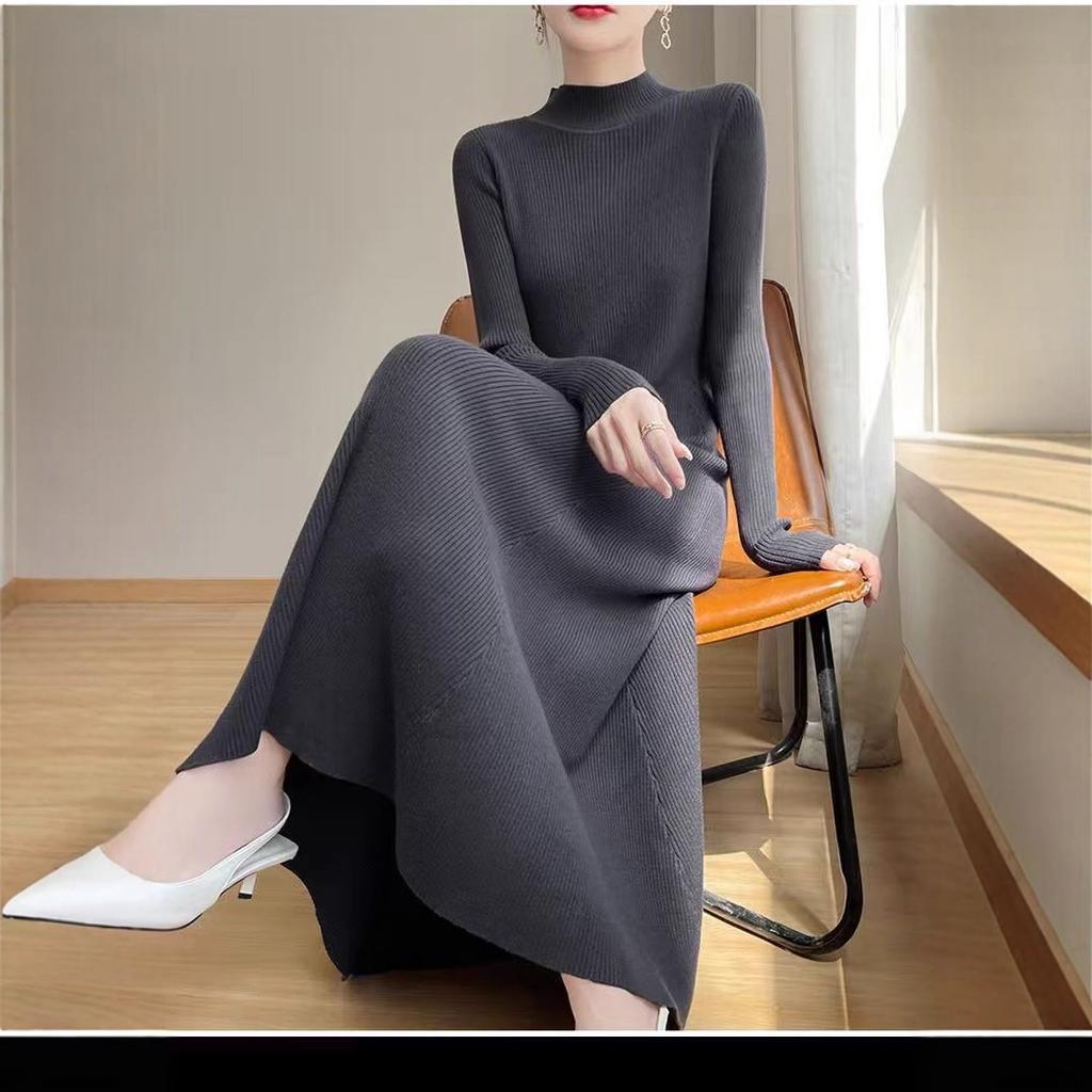 Autumn and winter semi-turtleneck knitted long dress, new with coat, sweater inside, skirt temperament base women's clothing