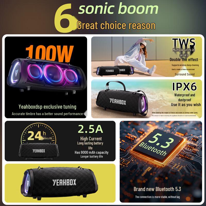 YEAHBOX Sonic Boom Bluetooth Speaker CN Plug (adapter Included)