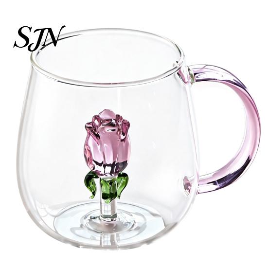 Bicchieri di Lusso per Feste Bicchiere da Vino Rosso con Rose e Foglie Verdi Decorato, Calice Trasparente Squisito Design Floreale, Bicchiere Decorativo,