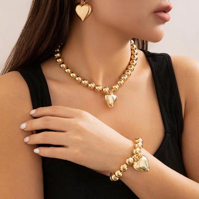 Exaggerated Metal Love Pendant Round Bead Necklace Fashion Imitation Pearl Beaded Necklace Female Necklace