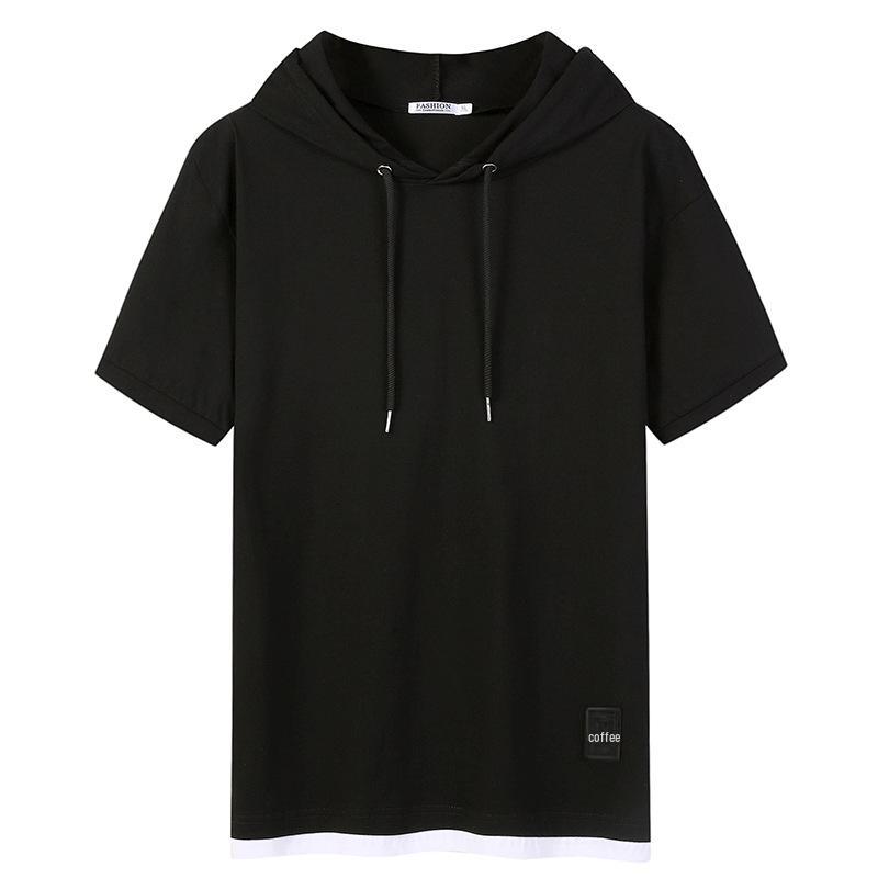 Kunhai Pengyun Men's Trendy Cotton Hooded Short-Sleeve T-Shirt - Loose Fit, Solid Color, Fake Two-Piece Design