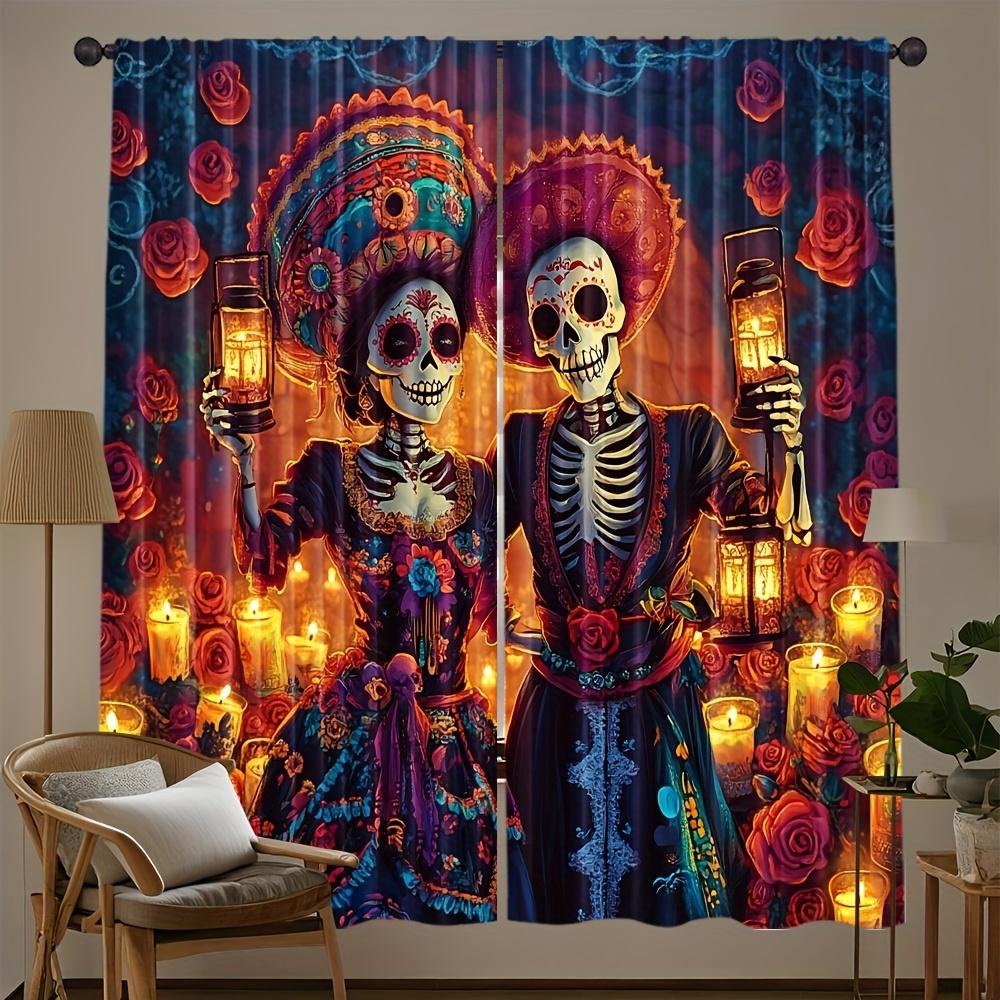 2 Panels Day of the Dead Printed Curtains Skeleton Rose Candle Polyester Living Room Bedroom Window Drapes Home Decor 60×150