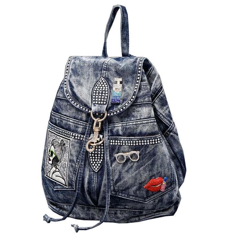 Bags Women'S Bags Canvas With Diamond Bags Casual School Bags Denim Backpacks Large Backpacks