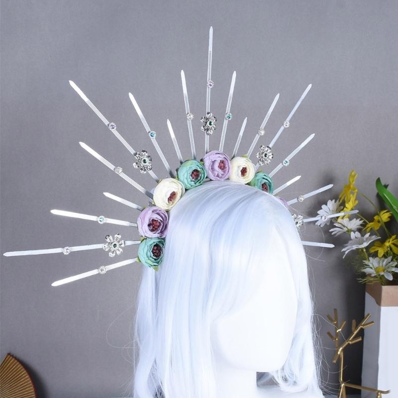 Elegant Rose Flower Hair Hoop Adjustable Size Sunbursts Headband with Rhinestones Comfortable Hairband Party Ornament