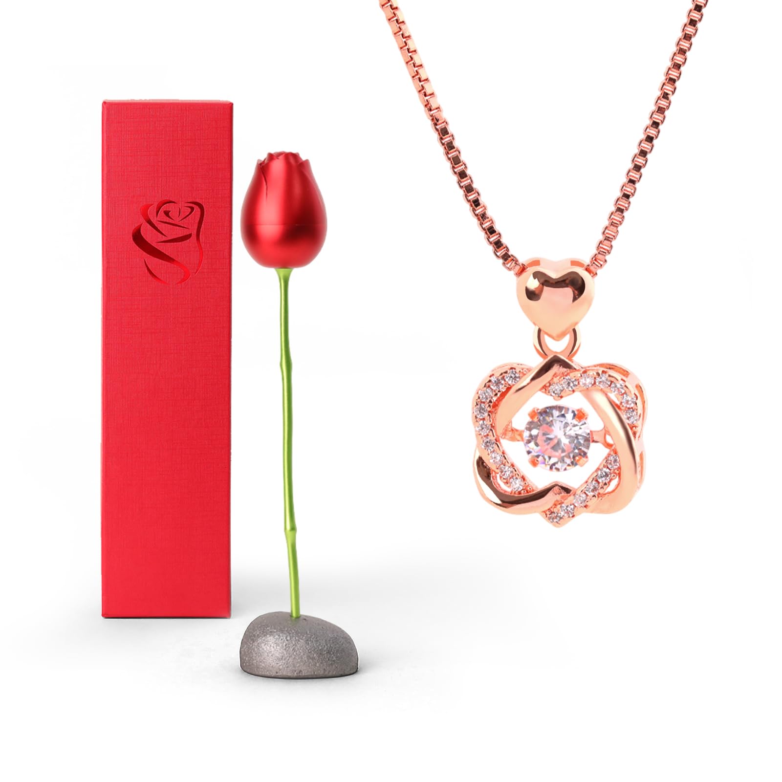 

[Drawelry] Rose Double Heart Zirconia Necklace with Built-in Surprise Rose Jewelry - Personalized Heart Necklace with Rose Jewelry Box and Preserved