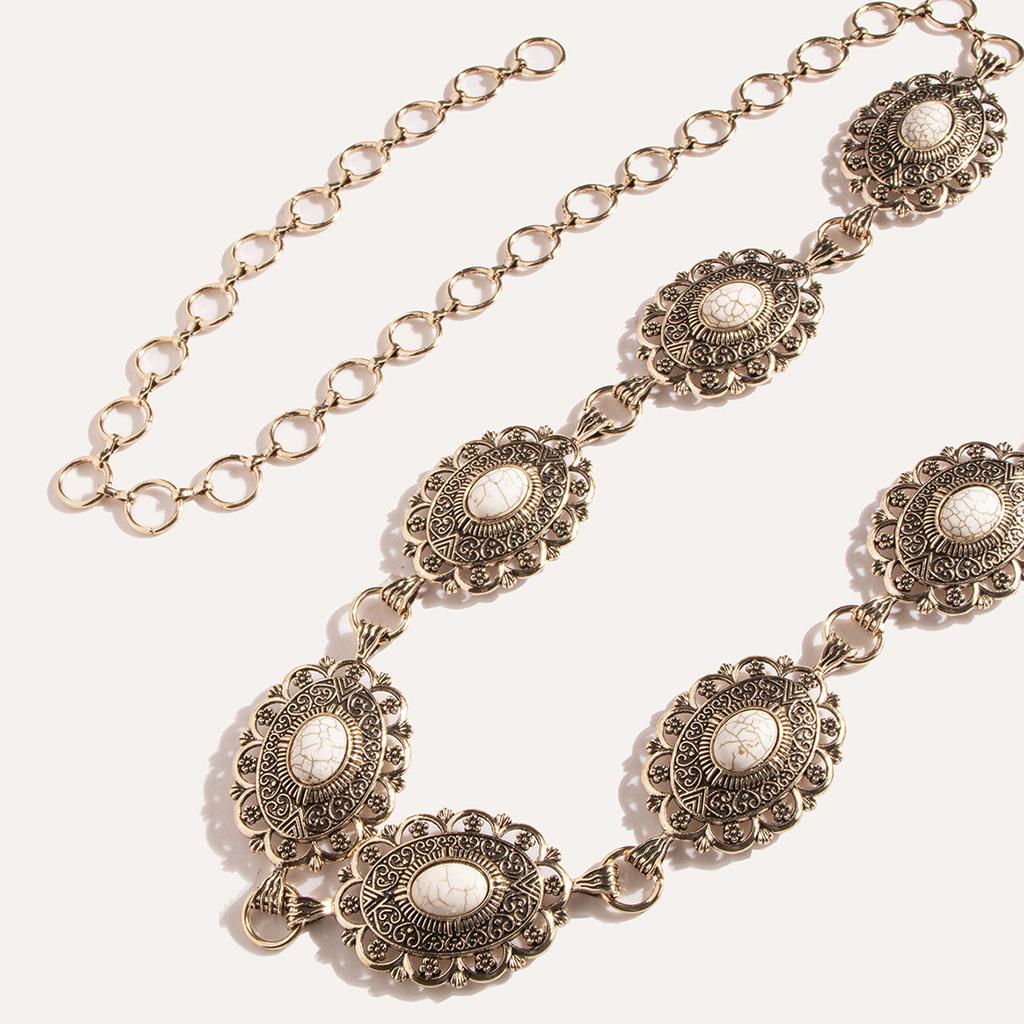 Women's Heavy Industry Exquisitely Carved White Turquoise Palace Style Heavy Metal Waist Chain Retro Fashionable Dress Belt