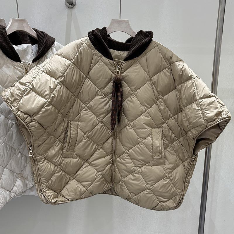 Trendy fashion white duck down European station cape down jacket knitted hooded vest women's loose coat