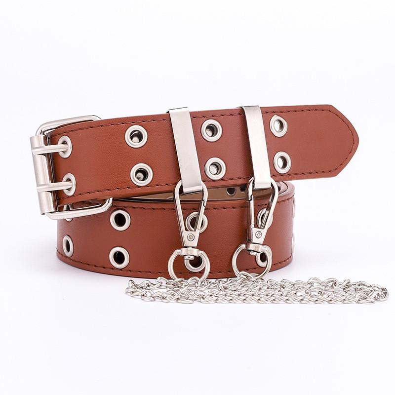 Chic Faux Leather Belt For Casual Denim With Unique Chain Accents Available In Various Fashionable Colors