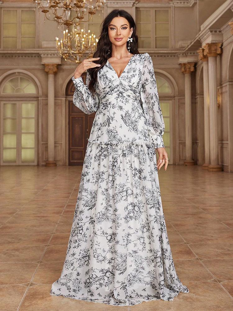 Women's European & American Fashion Chiffon Print Dress with Casual Back Tie and Long Sleeves for Evening Wear