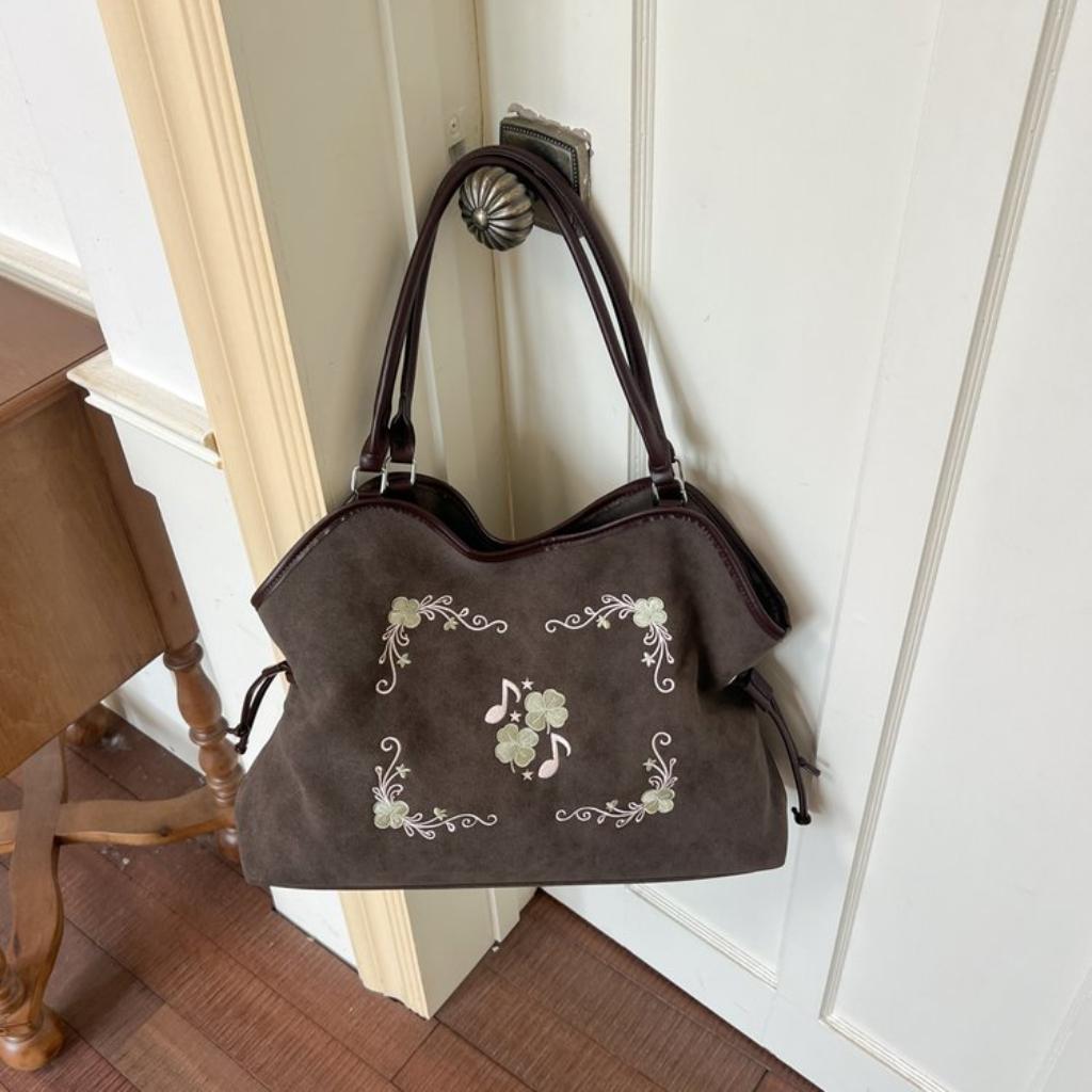 Hobo Bag Women Faux Leather Large Capacity Embroidered Drawstring Daily Commute