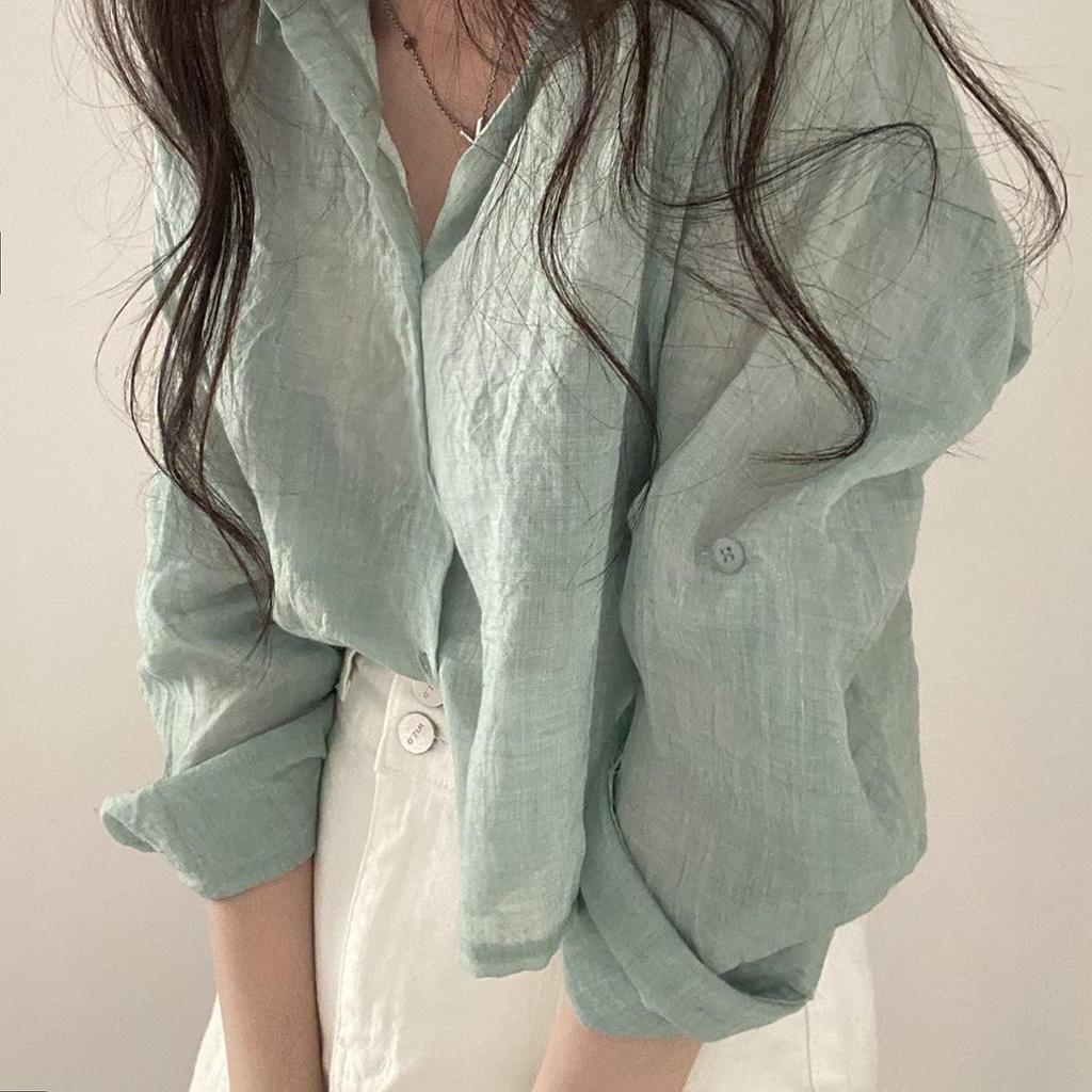 Women's Summer Solid-Color Long-Sleeve Shirt: Loose-Fit, Lightweight, UV-Protective Shirt