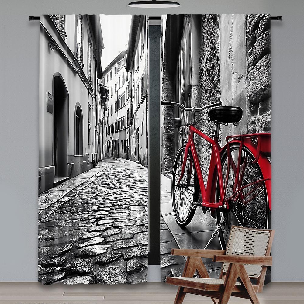 

2 шт. Велосипедная занавеска Винтажный вид Классический велосипед на мощеной улице в итальянском городе Досуг Ретро эффект Тона для спальни 29x65in(75x166cm)