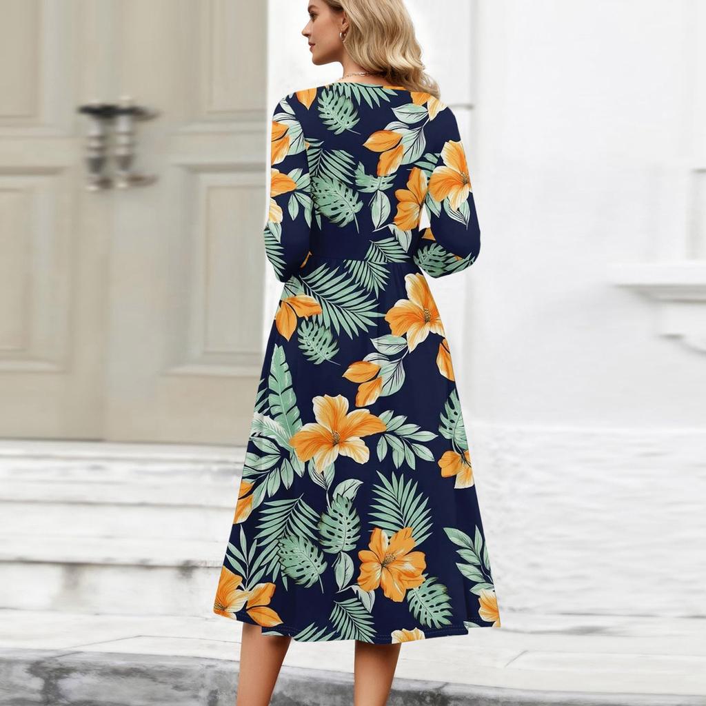 3/4-Ärmel Damenkleid Lässig Fließend A-Linie Midi T-Shirt Kleider mit Taschen Rundhalsausschnitt Urlaub Boho Strand Sommerkleid