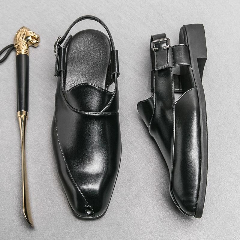 

Luxury Men s Sandals Summer Baotou Leather Sandals Designer Men s Sandal Fashion Business Dress Sandals for Men Casual Sandalias 38 чёрный