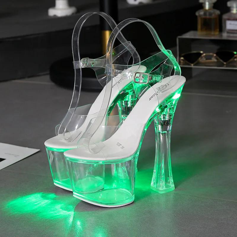 Fashion 34-43 new thick high heel night club shoes luminous sandals women's shoes walking show steel tube dance shoes crystal sole 17cm