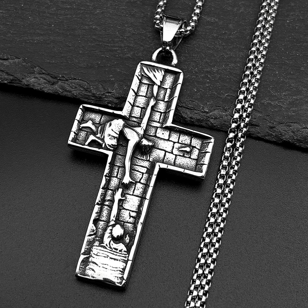 Collares Colgantes Cruz Salvador Crucifijo de Jesucristo Cristiano de Acero Inoxidable para Hombres Mujeres Color Plata Cadena Vintage Joyería Regalo