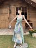 Women’s Summer Retro French Tie-Dye Spaghetti Strap Ruffle A-Line Maxi Dress