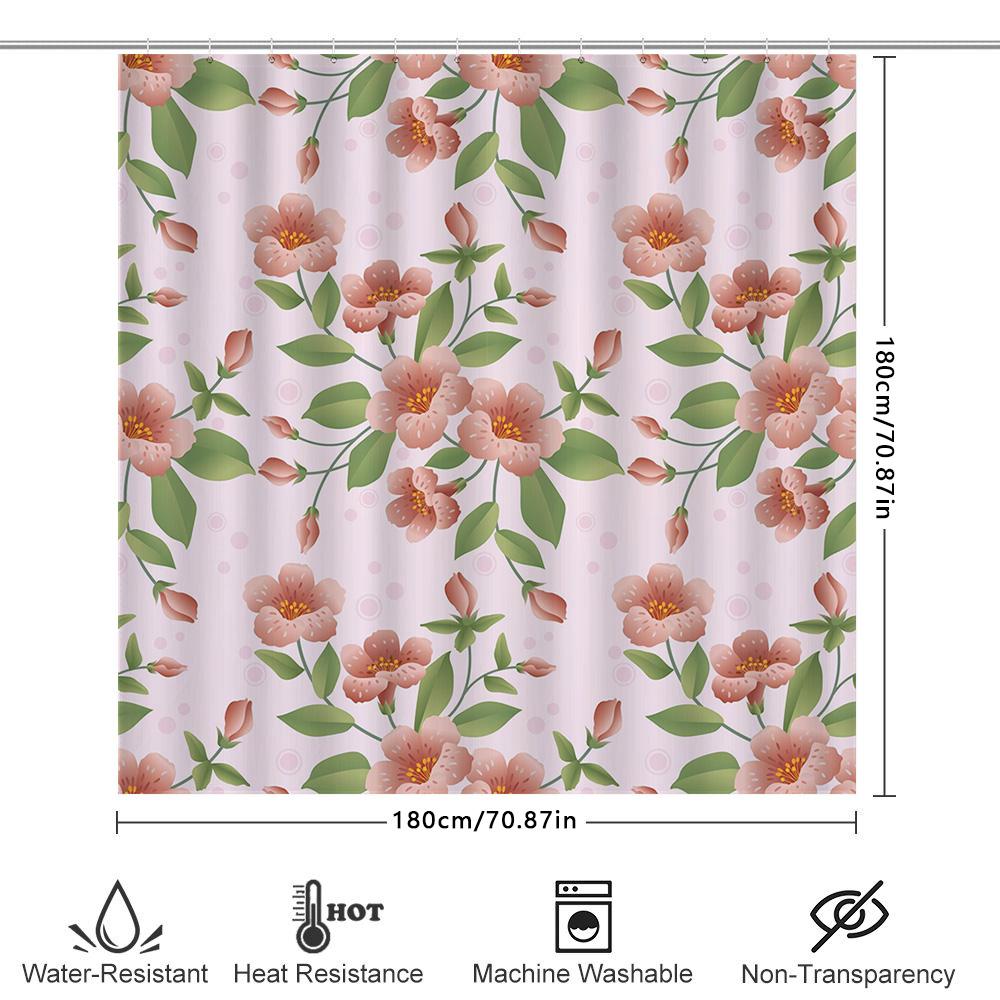 Charming Pink Blossom Shower Curtain For Bathroom Decor Waterproof Fabric With Green Leaves Pattern Perfect Gift Idea For Housew