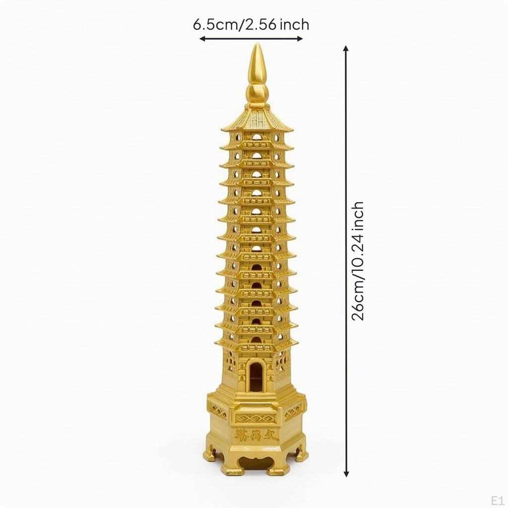 Copper Decorative Tower 13 Tier Pagoda Model Gold Metal Finish for Home Library