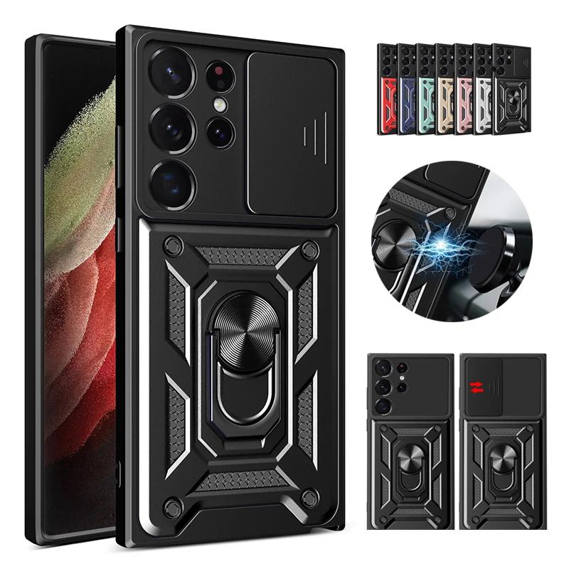 

Shockproof Armor Case for Samsung Galaxy S23 S20 S21 S22 S24 Ultra Plus FE Car Magnetic Ring Holder Slide Lens Protect Cover For Galaxy S24 червоний