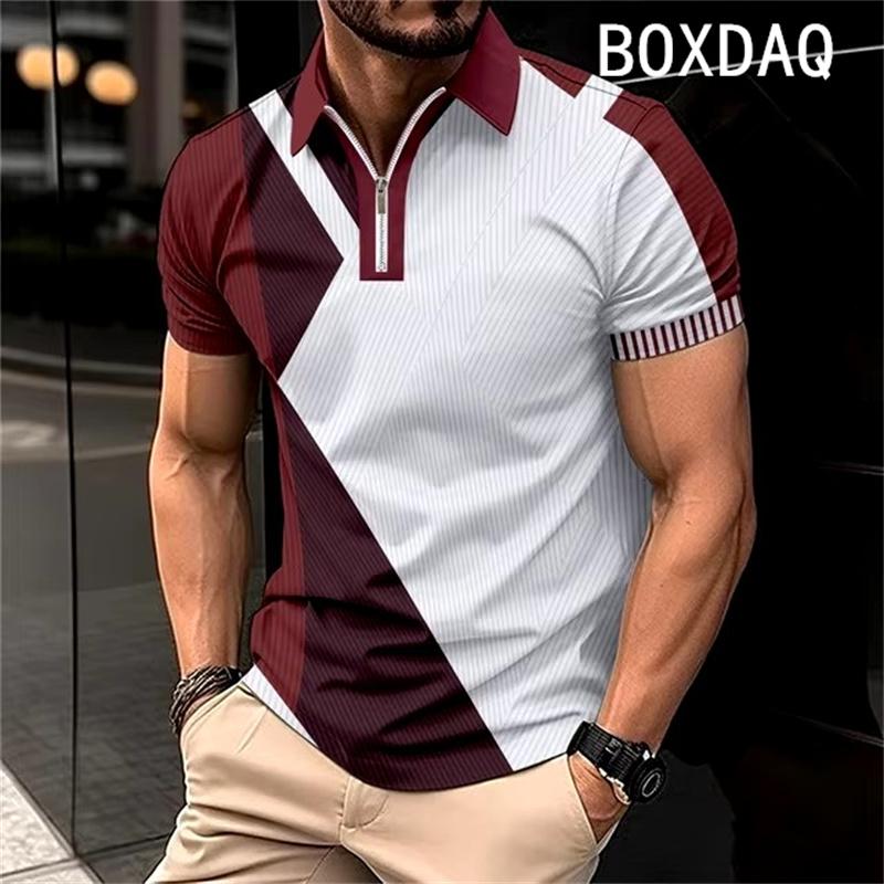 

Мужская рубашка с короткими рукавами и застежкой-молнией на воротнике, модная, простая и повседневная, 3D-сращивание цветов, летний топ 4XL