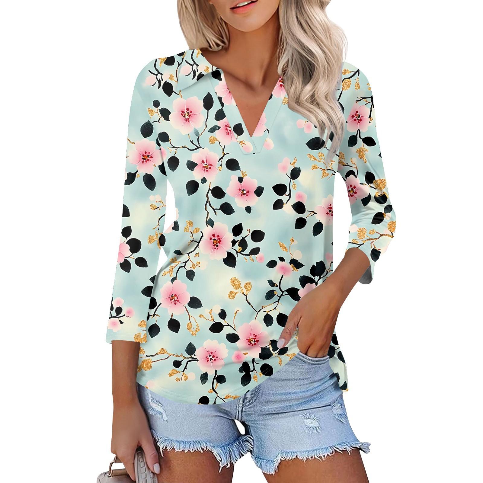 

Женская мода повседневная рубашка с лацканами и рукавом 3/4 с принтом, женские топы с V-образным вырезом XL