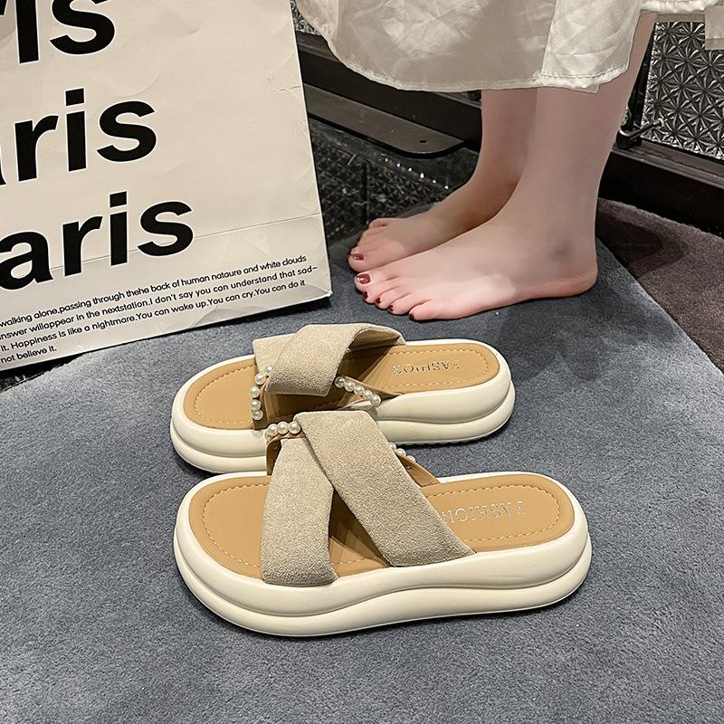 

Beaded thick-bottomed cool slippers women s summer 2025 new Korean version with skirt cross-band versatile fashion cool slippers 35 бежевий