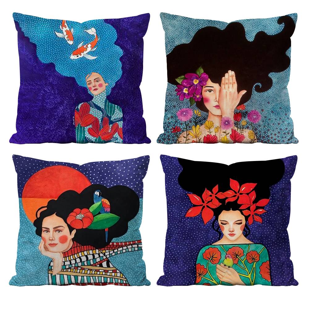 Vintage Abstract Girl Hair Flower Pillow Case Anti-dustmite Pillowcase Invisible Zipper Silky Short Plush Sofa Cushion Cover