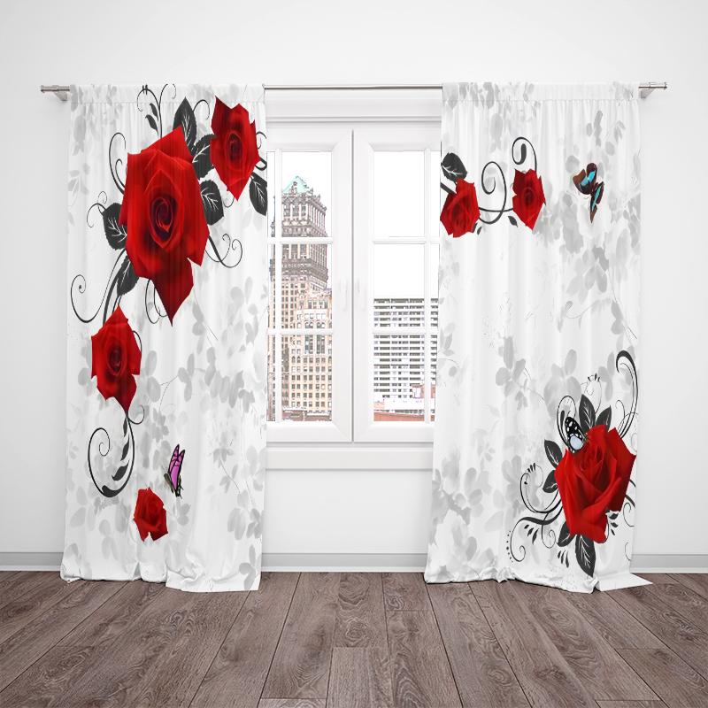 2 pieces - White base red rose polyester curtains, bathroom, bedroom, living room, and family room decorative curtains