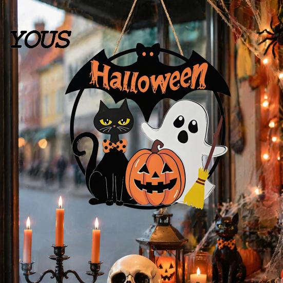 Childlike Scary Party Decor Halloween Wood Hanging Ornament with Ghost Pumpkin Bat Cat Prints, Durable Seasonal Home Wall Ornaments Waterproof