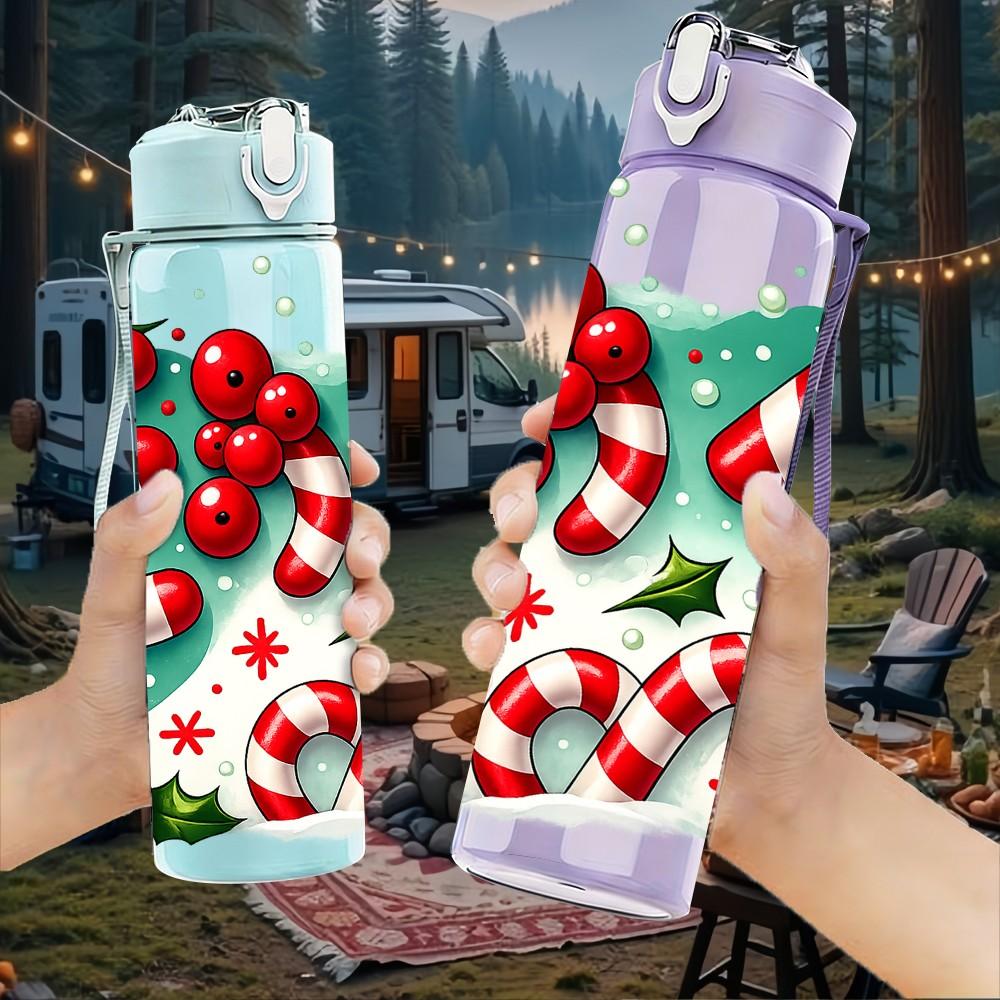1PC Candy Cane Christmas Festive Heart 750ml Color Plastic Sports Water Bottle Leakproof Flip Straw Lid Suitable for Sports Office Home Use
