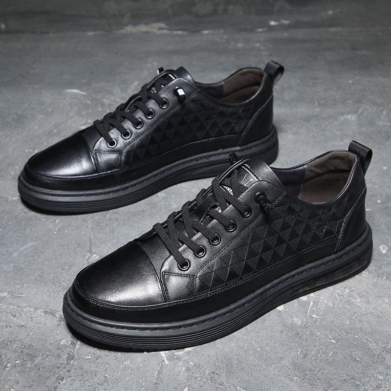 Autumn new first-layer cowhide casual men's shoes black flat shoes breathable lace-up-free versatile board shoes men's trendy shoes