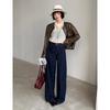 Women's Dark Blue High Waist Wide Leg Jeans - Retro Washed Floor-Length Cotton Pants for Autumn