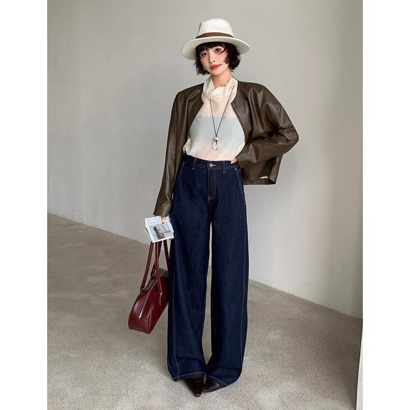 Women s Dark Blue High Waist Wide Leg Jeans - Retro Washed Floor-Length Cotton Pants for Autumn 28