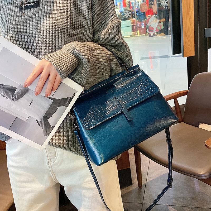 Genuine Leather Crocodile Pattern Cross-span Bag New Fashionable Niche Handbag Oil Wax Leather Women's Shoulder Bag