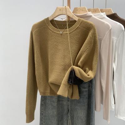 Spring Simple and Versatile Loose and Thin Round Neck Long-sleeved Knitted Sweater for Women's Lazy Commuting Temperament Inner Sweater