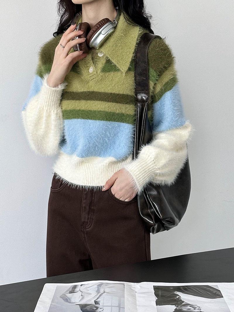 

2024 Autumn Women s Korean Style Color Block Knitted Sweater with Retro Lapel - Orange Zhi 302 One Size