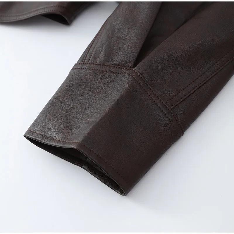 2024 Autumn/Winter Cross-border Fashion Lapel Tie Long Sleeve Leather Jacket