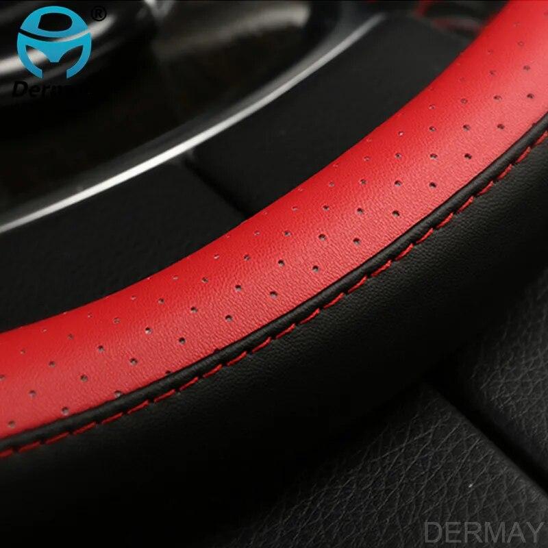 DERMAY  New Car Steering Wheel Cover PU Leather M Size Fit Standard Steering Wheel 37-38cm(14-15") Non-slip & Easy Install