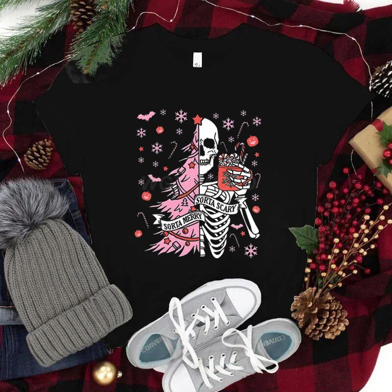 Street Christmas Fashion Short Sleeve Tshirts for Women Festive Skeleton with Coffee Tree Print Tshirt Festive Holiday Tee Top
