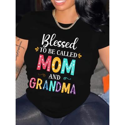 Women Blessed To Be Called Mom and Grandma Print T-Shirt Crew Neck Short Sleeve Loose Summer Fashion Casual Top