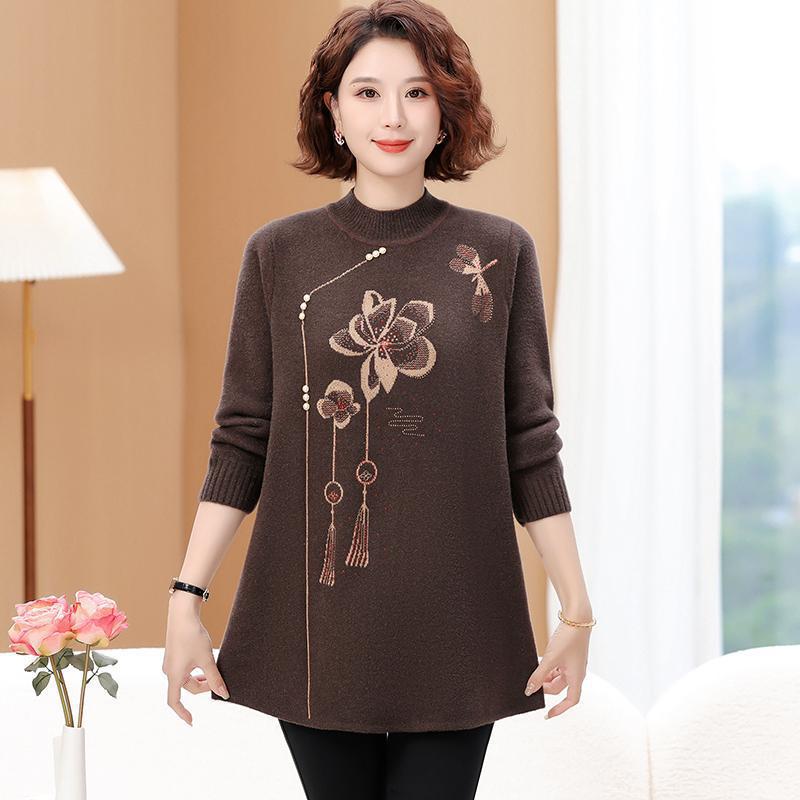 220 Jin Plus Size Middle-Aged & Elderly Women's Round Neck Pullover Sweater, Autumn/Winter, Loose Fit, Base Layer.