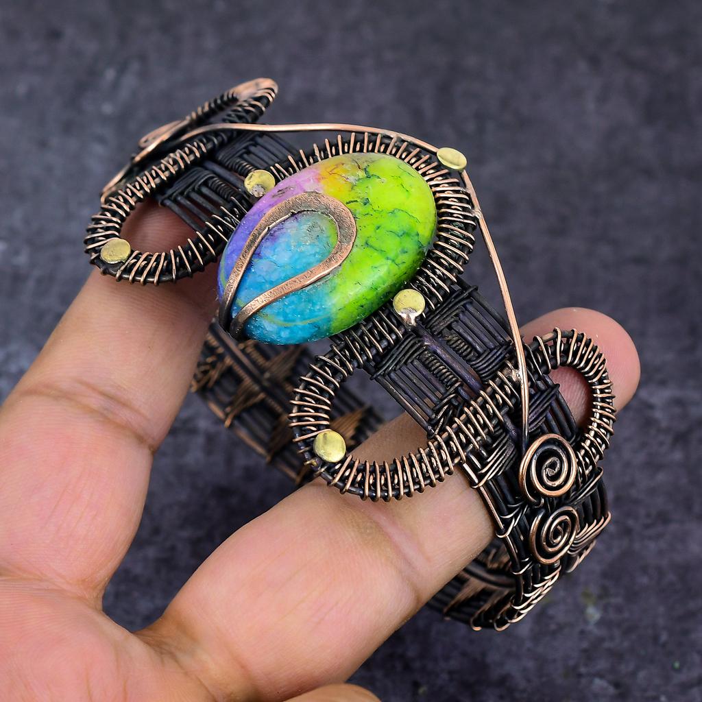 Natural Rainbow Solar Quartz Copper Wire Wrap Cuff Bangle Adjustable ET-4663