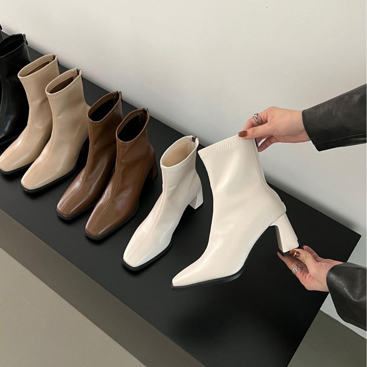 

2025 new round head thick high heel rear zipper low tube thin Martin fashion women s short boots 39 покинуть белый