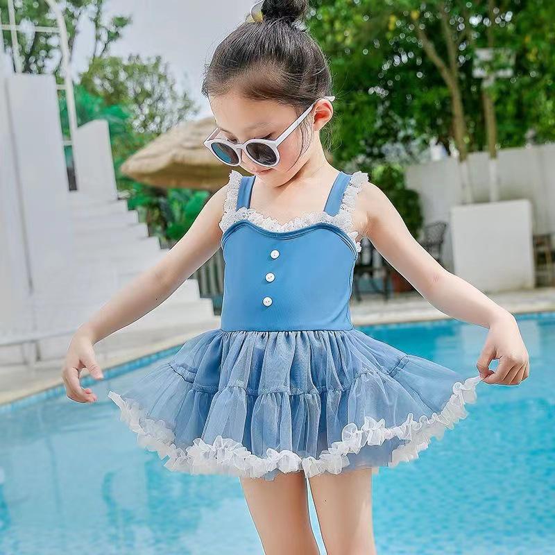 New Toddler Girl One-Piece Swimsuit with Mesh Skirt and Lace Medium