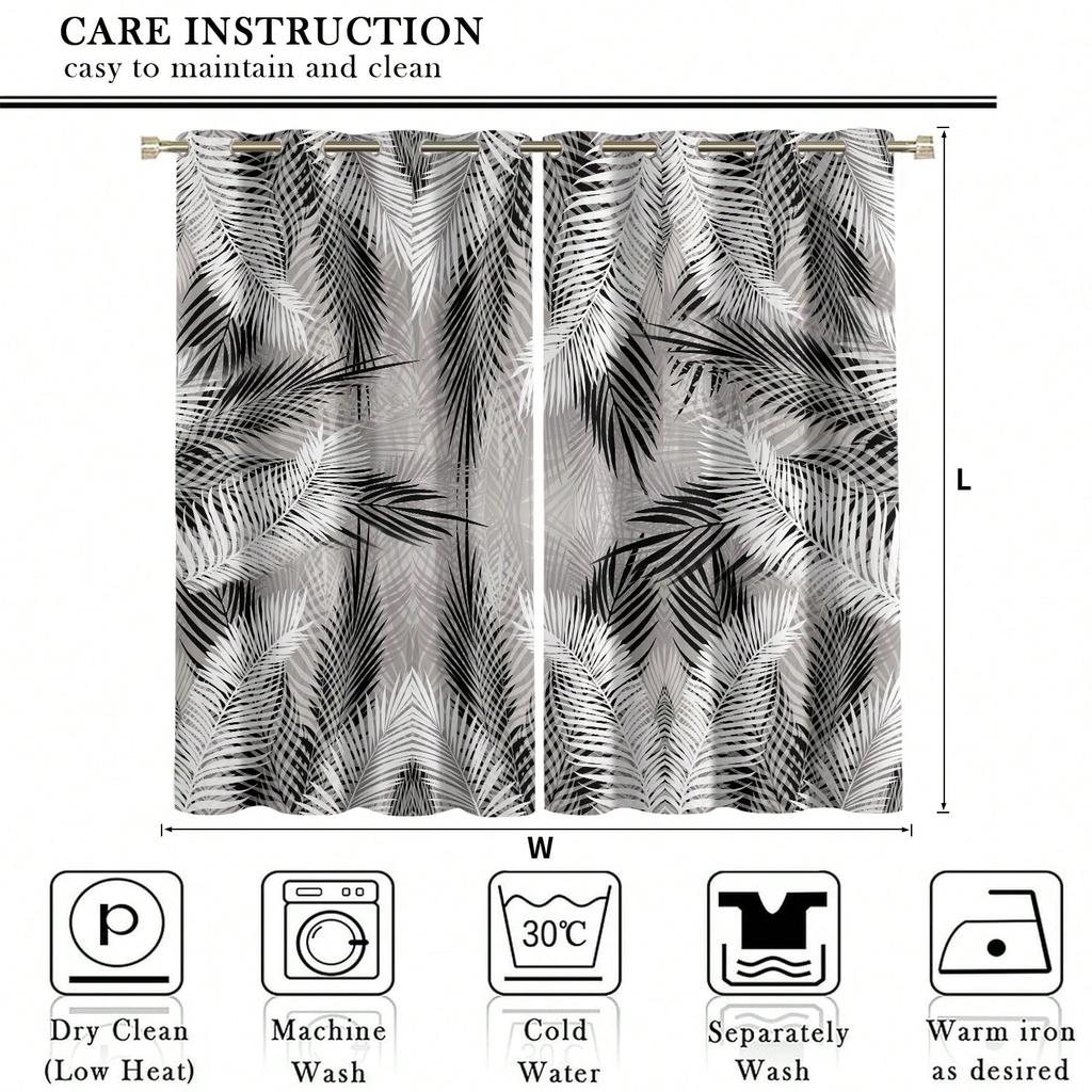 2 Pcs/Set! Modern Minimalist Style Living Room Curtains   Black And White Color With Fashionable Palm Leaf Digital Printing. Grom