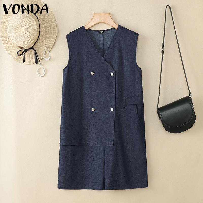 

VONDA Женские комбинезоны мини без рукавов, пэчворк, с боковыми пуговицами, повседневные 5XL